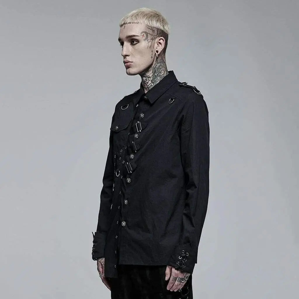 Asphyxia Button-up Shirt With Buckles (Black No. 1) - PunkRave