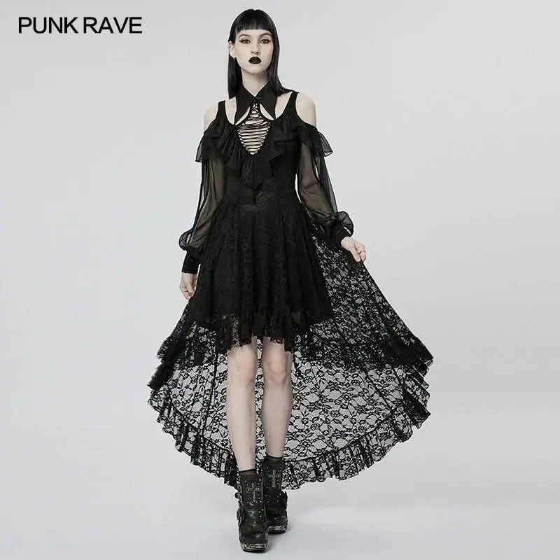 punk midi dress Lady Girl Midi Side Split Dress Long Sleeve Punk Gothic V-neck Suit Black Casual