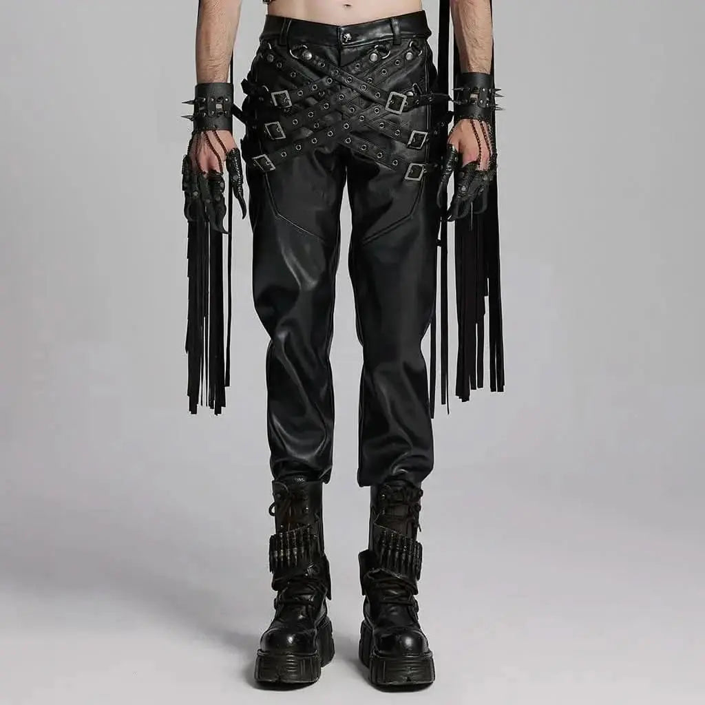 Mordanthe Trousers featuring edgy black leather design with studs and fringe detailing, perfect for bold fashion statements.