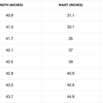 Size chart for Mordanthe trousers showing length, waist, and hip measurements in inches for various sizes.