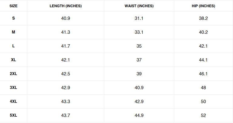 Size chart for Mordanthe trousers showing length, waist, and hip measurements in inches for various sizes.