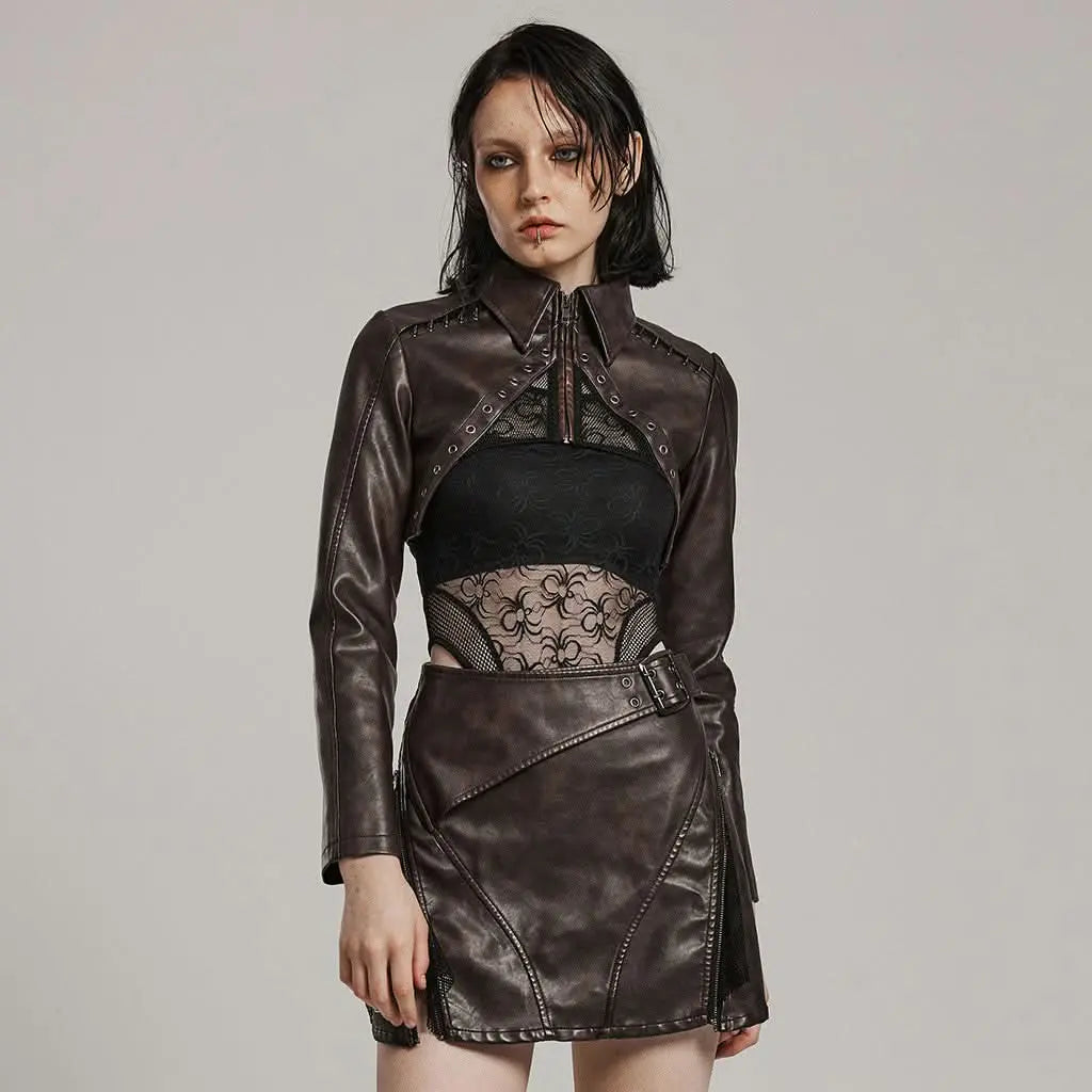Rowena Cropped Jacket (Brown) - PunkRave