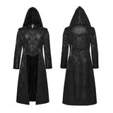 Post Mortem Men's Gothic Hooded Brocade Long Coat in Black
