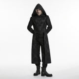 Post Mortem Men's Gothic Hooded Brocade Long Coat in Black