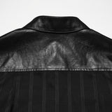 Renfield Men's Gothic Shirt with Faux Leather Yoke in Wrinkled Leatherette, Soft, Comfortable Plaid Fabric in Black