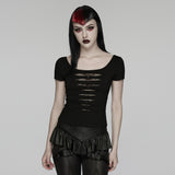 Widow Peak Women's Gothic T-shirt with Cut Outs in Soft Elastic Knit Fabric, Lace in Black
