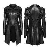 Lament Women's Gothic Faux Leather Coat with Chain Detail in Rubberized Knit Fabric, Metal Accessories in Black