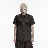Last Rite Men's Gothic Shirt with Studded Shoulder in Coffee