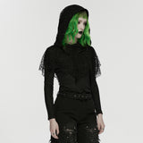 Oleander Women's Gothic Hooded Top with Lace Overlay in Elastic Knit Fabric, Mesh in Black