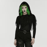 Oleander Women's Gothic Hooded Top with Lace Overlay in Elastic Knit Fabric, Mesh in Black
