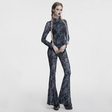 Mircalla Women's Gothic Printed Flare Pants with Crescent Cutouts in Grey