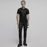 Matho Men's Punk Distressed T-shirt with Harness Straps in Black