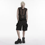 Wuthering Men's Punk Mesh Tank Top with Faux Leather Straps in Black