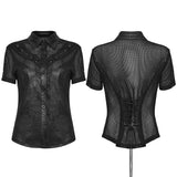 Bone Dirge Women's Gothic Faux Leather Blouse with Mesh Panel Inserts in Black