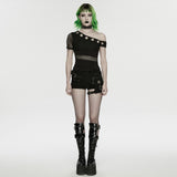 Cenotaph Women's Gothic Top with Mesh in Elastic Icy Breathable Knit Fabric, Mesh in Black