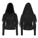 Oleander Women's Gothic Hooded Top with Lace Overlay in Elastic Knit Fabric, Mesh in Black