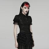 Tenebrae Women's Gothic Blouse with Lace Trim Sleeves in Textured Elastic Lace in Black