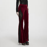 Stygian Gothic Velvet Lace Flare Trousers in Red & Black