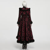 Penitent Women's Gothic Elegant Faux Fur Trim Coat in Red & Black