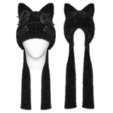 Jacquard Women's Punk Cat Ear Knit Beanie with Spikes in Black
