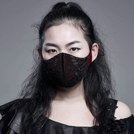 Melinda embroidered lace face mask (Red) - PunkRave