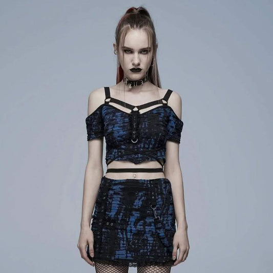 'Infernal Eternal' Off-shoulders Crop Top (Blue) - PunkRave