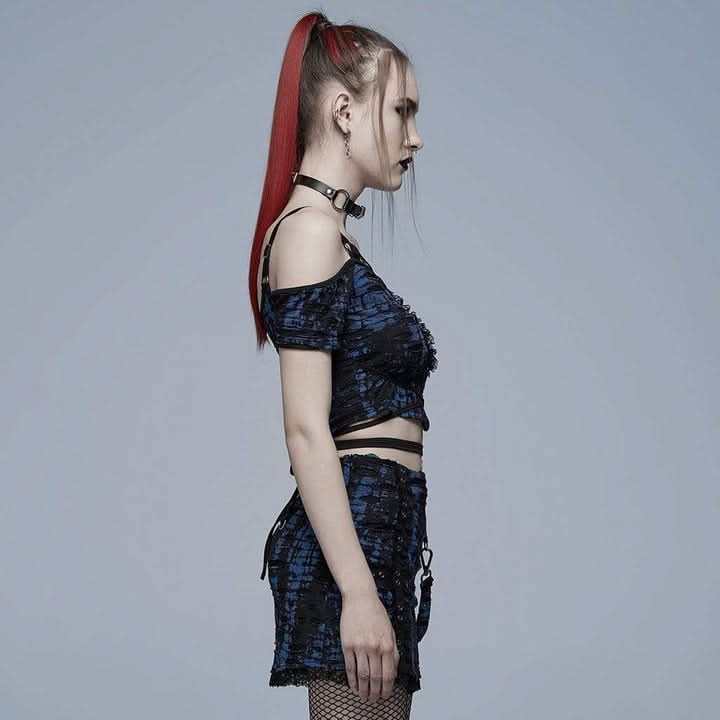 'Infernal Eternal' Off-shoulders Crop Top (Blue) - PunkRave