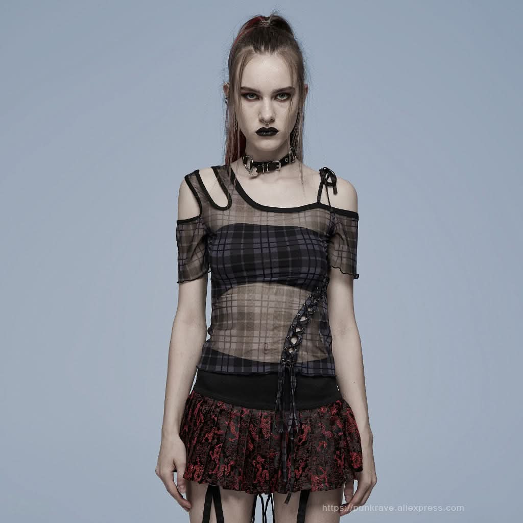 Luna Plaid Mesh Dress (Black) - PunkRave