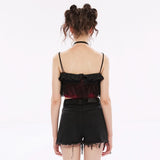 Diamond Goth Cropped Ruffled Top - Black - PunkRave