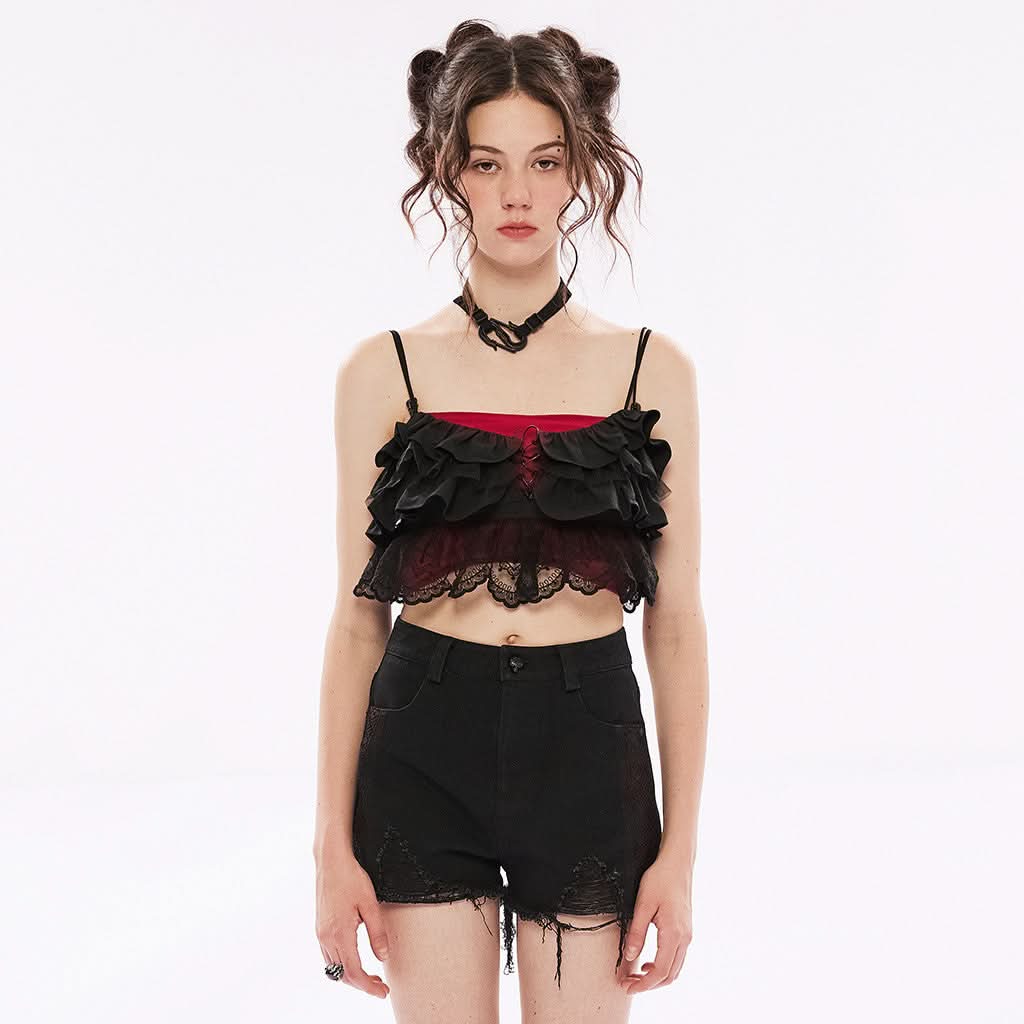 Diamond Goth Cropped Ruffled Top - Black - PunkRave