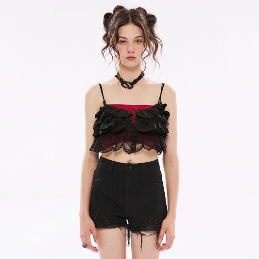 Diamond Goth Cropped Ruffled Top - Black - PunkRave