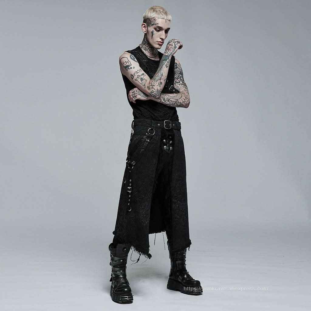 Orpheus Distressed Kilt With Leather Straps - PunkRave