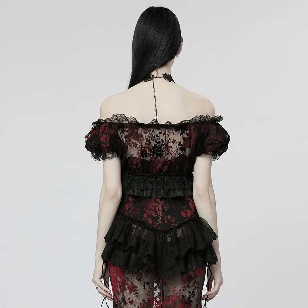 Lady Anne Lace Top With Bardot Neckline - Red and Black - PunkRave