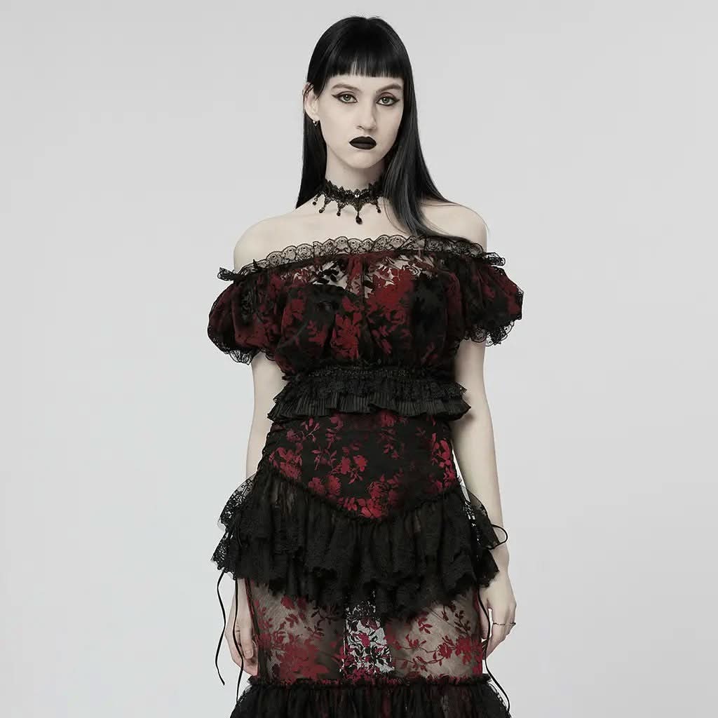 Lady Anne Lace Top With Bardot Neckline - Red and Black - PunkRave