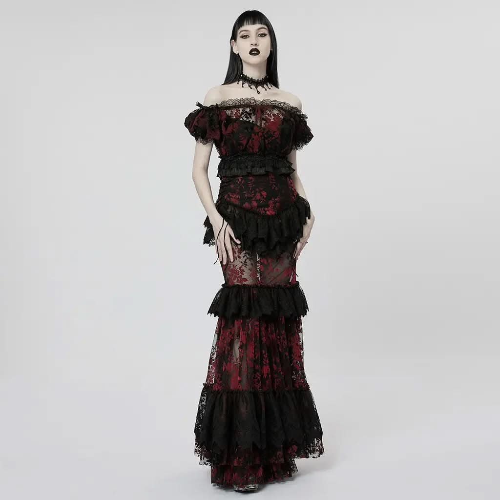 Lady Anne Lace Top With Bardot Neckline - Red and Black - PunkRave