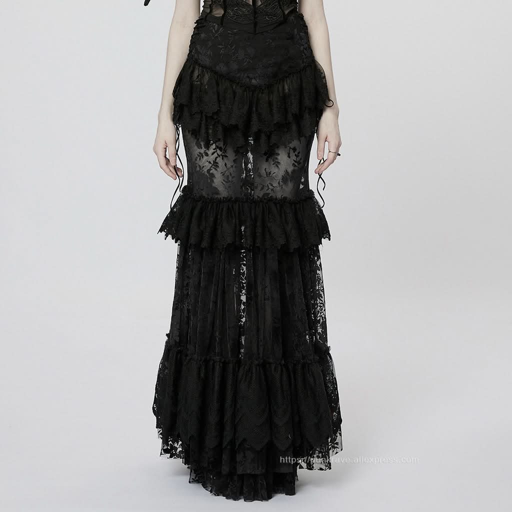 Andromeda Ruffled Lace Skirt - Black - PunkRave
