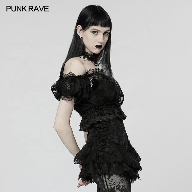 Lady Anne Lace Top With Bardot Neckline - Black - PunkRave