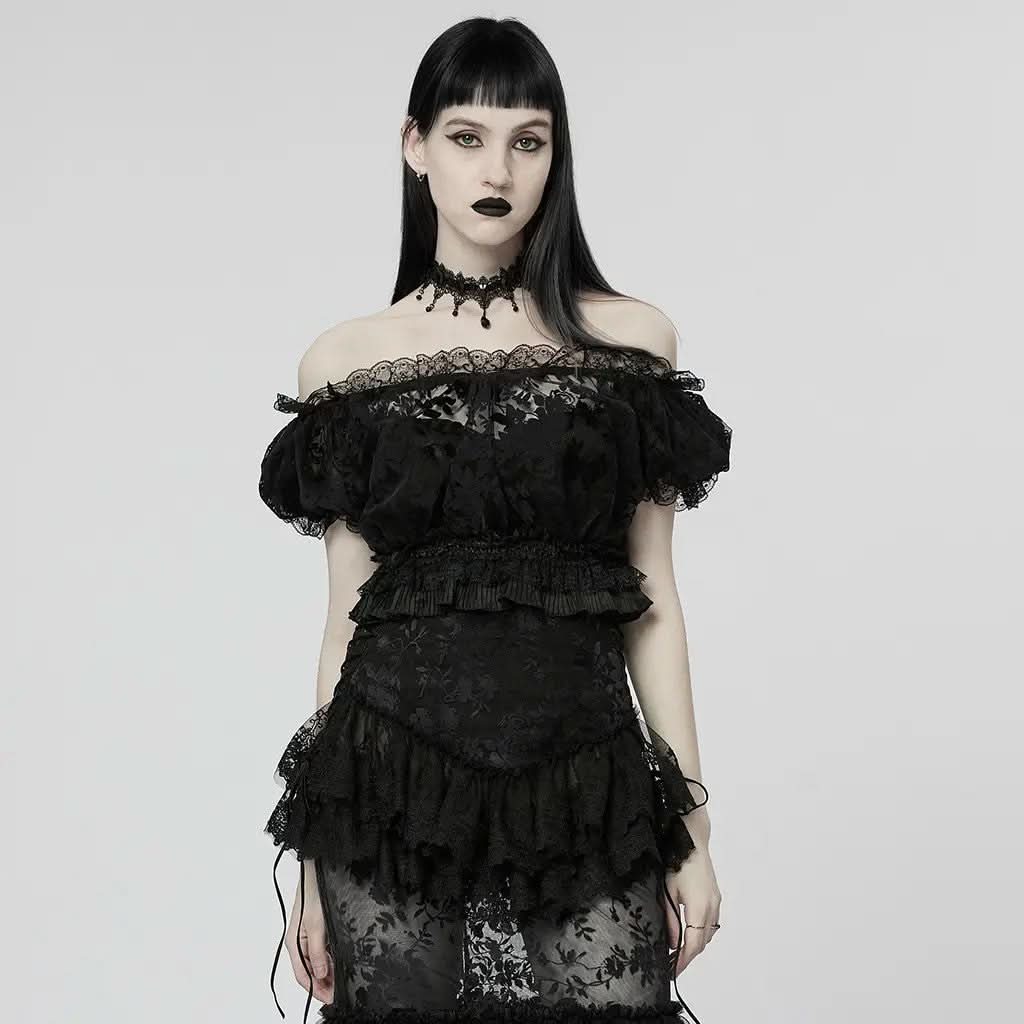 Lady Anne Lace Top With Bardot Neckline - Black - PunkRave