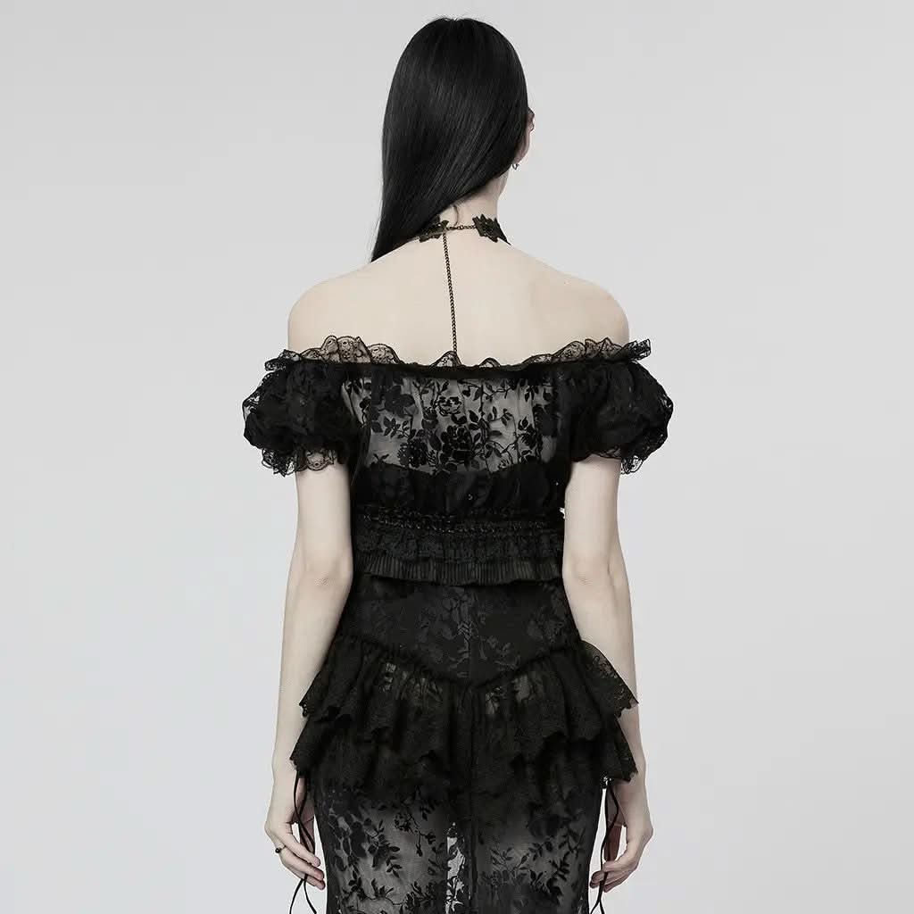 Lady Anne Lace Top With Bardot Neckline - Black - PunkRave