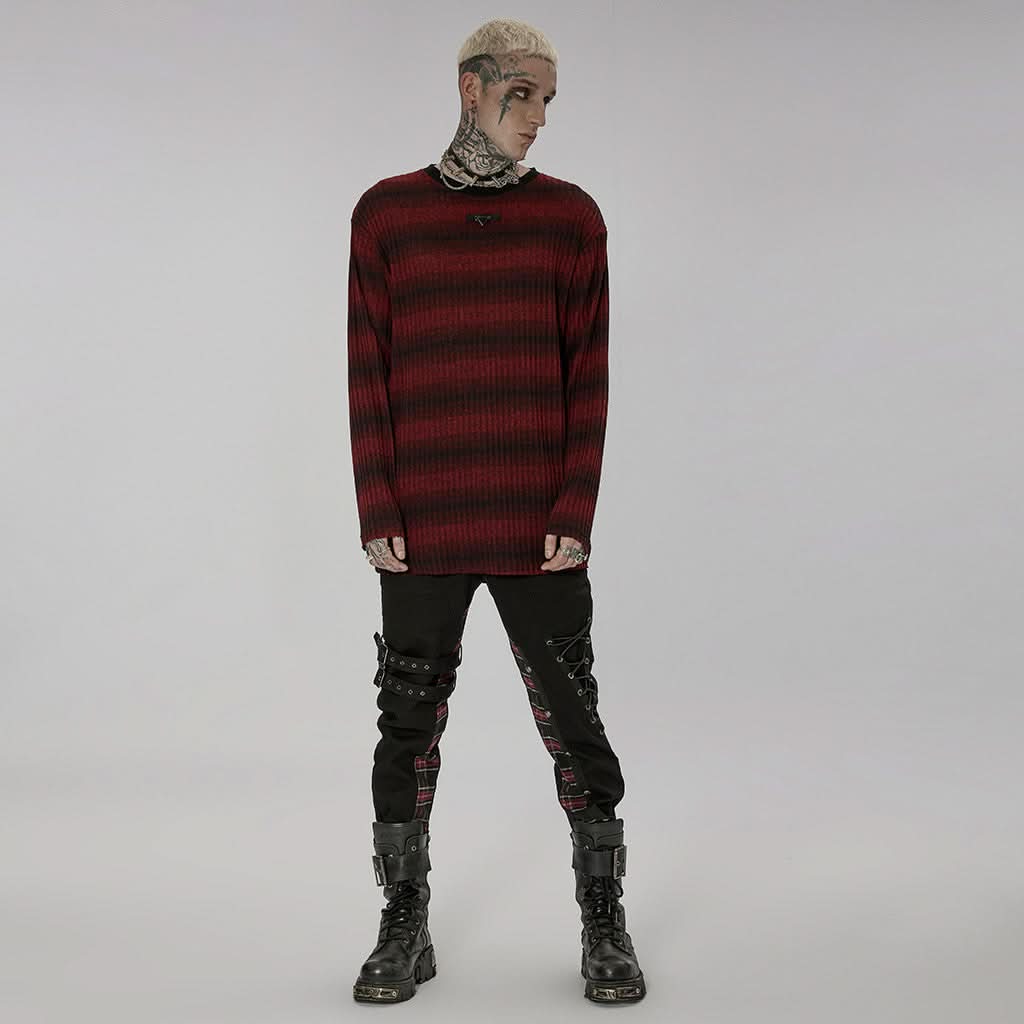 Sludge Grunge Striped Tee - Black Red - PunkRave