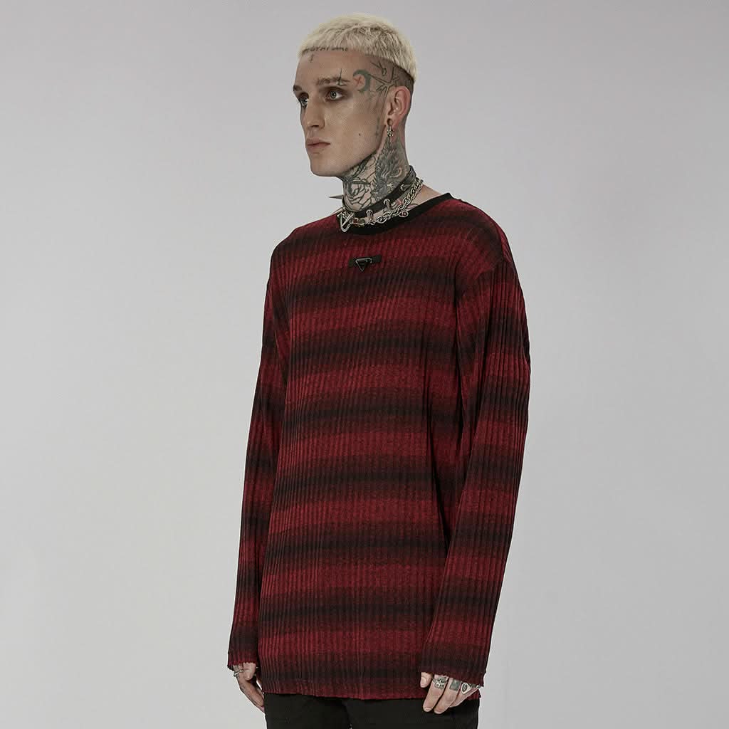 Sludge Grunge Striped Tee - Black Red - PunkRave