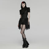 Vesper Women's Gothic Waistcoat with Ruffles in Jacquard Fabric, Lace in Black