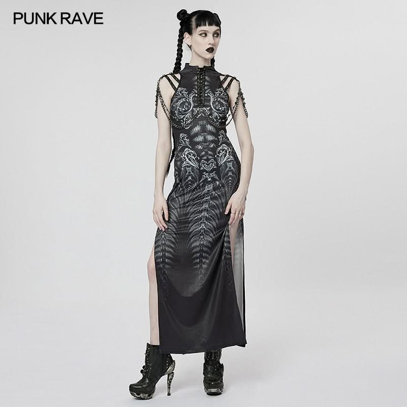 Inferno Threads - Printed Maxi Dress with Chains - PunkRave
