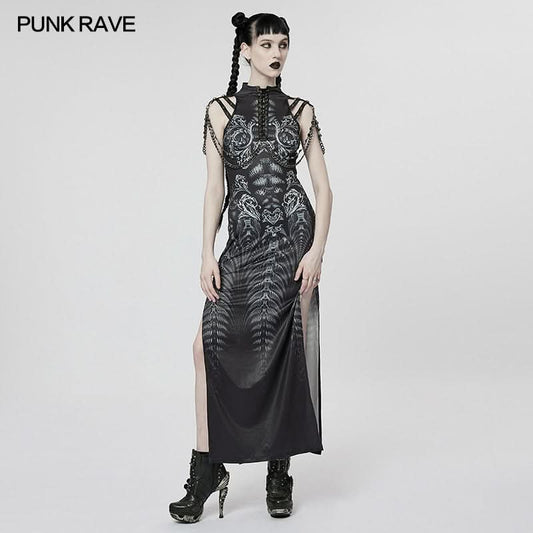 Inferno Threads - Printed Maxi Dress with Chains - PunkRave