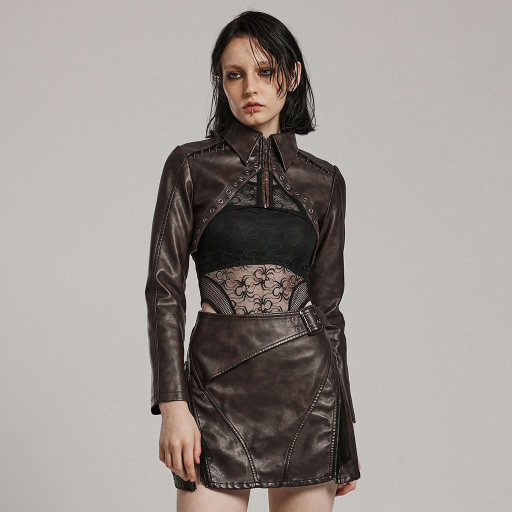 Rowena Cropped Jacket (Brown) - PunkRave
