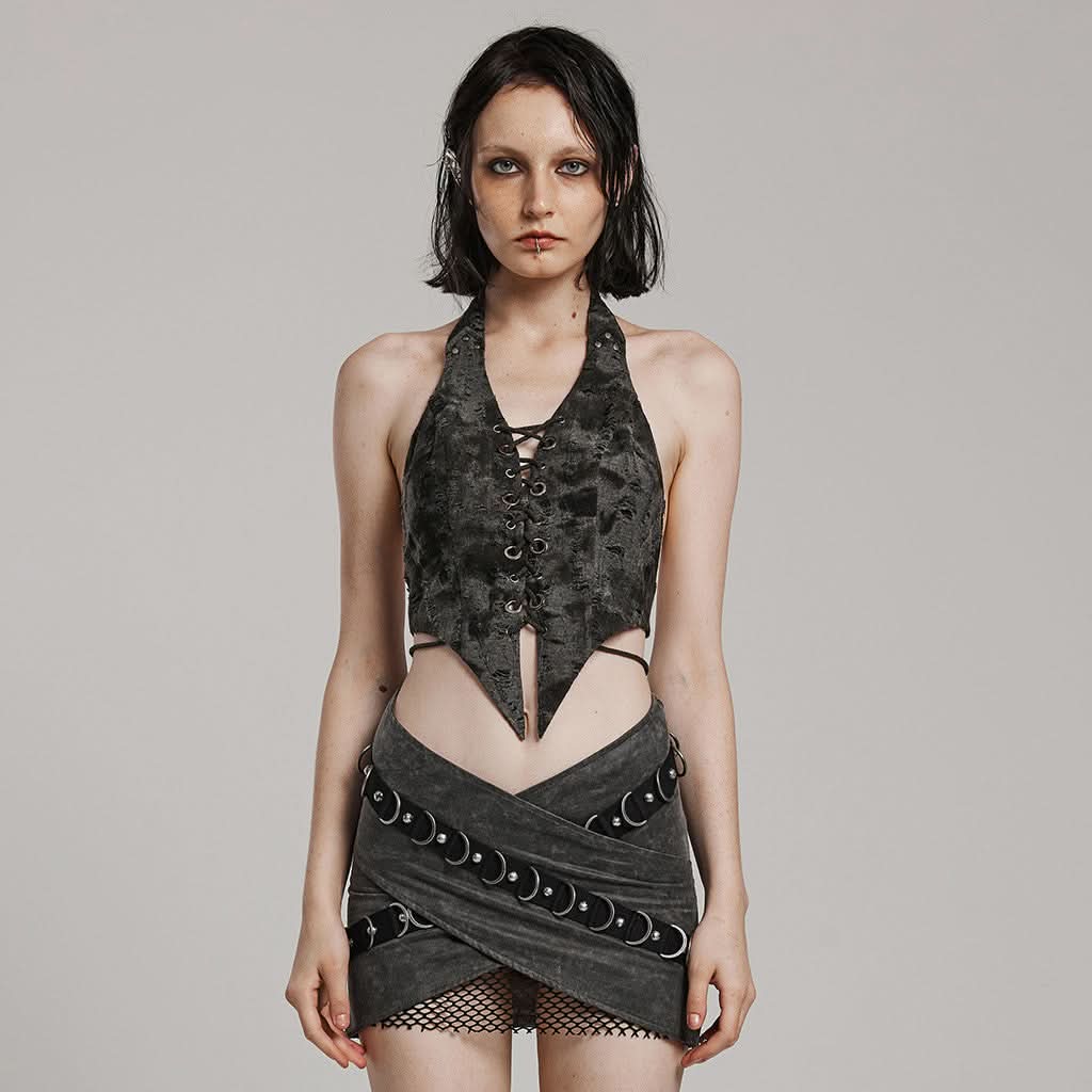 Fantasma Halterneck Top (Grey) - PunkRave