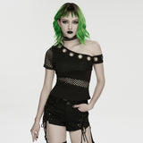 Cenotaph Women's Gothic Top with Mesh in Elastic Icy Breathable Knit Fabric, Mesh in Black