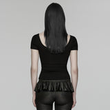 Widow Peak Women's Gothic T-shirt with Cut Outs in Soft Elastic Knit Fabric, Lace in Black