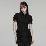 Tenebrae Women's Gothic Blouse with Lace Trim Sleeves in Textured Elastic Lace in Black