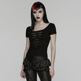 Widow Peak Women's Gothic T-shirt with Cut Outs in Soft Elastic Knit Fabric, Lace in Black